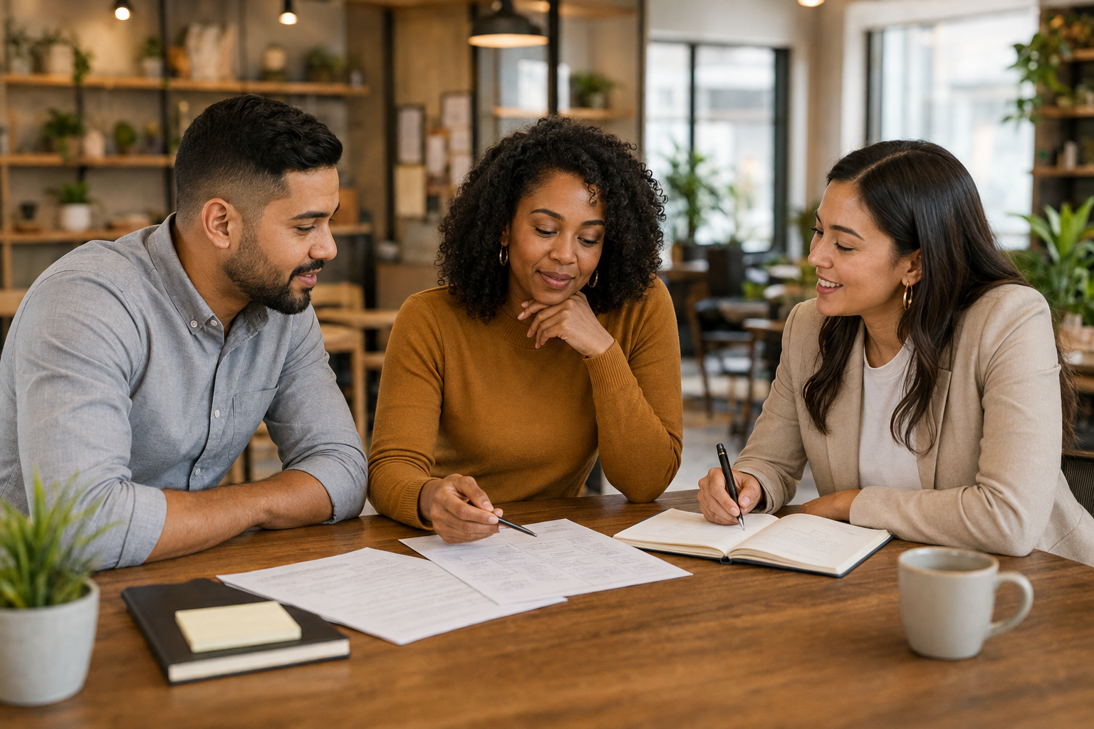 Diverse professionals reviewing business resources together