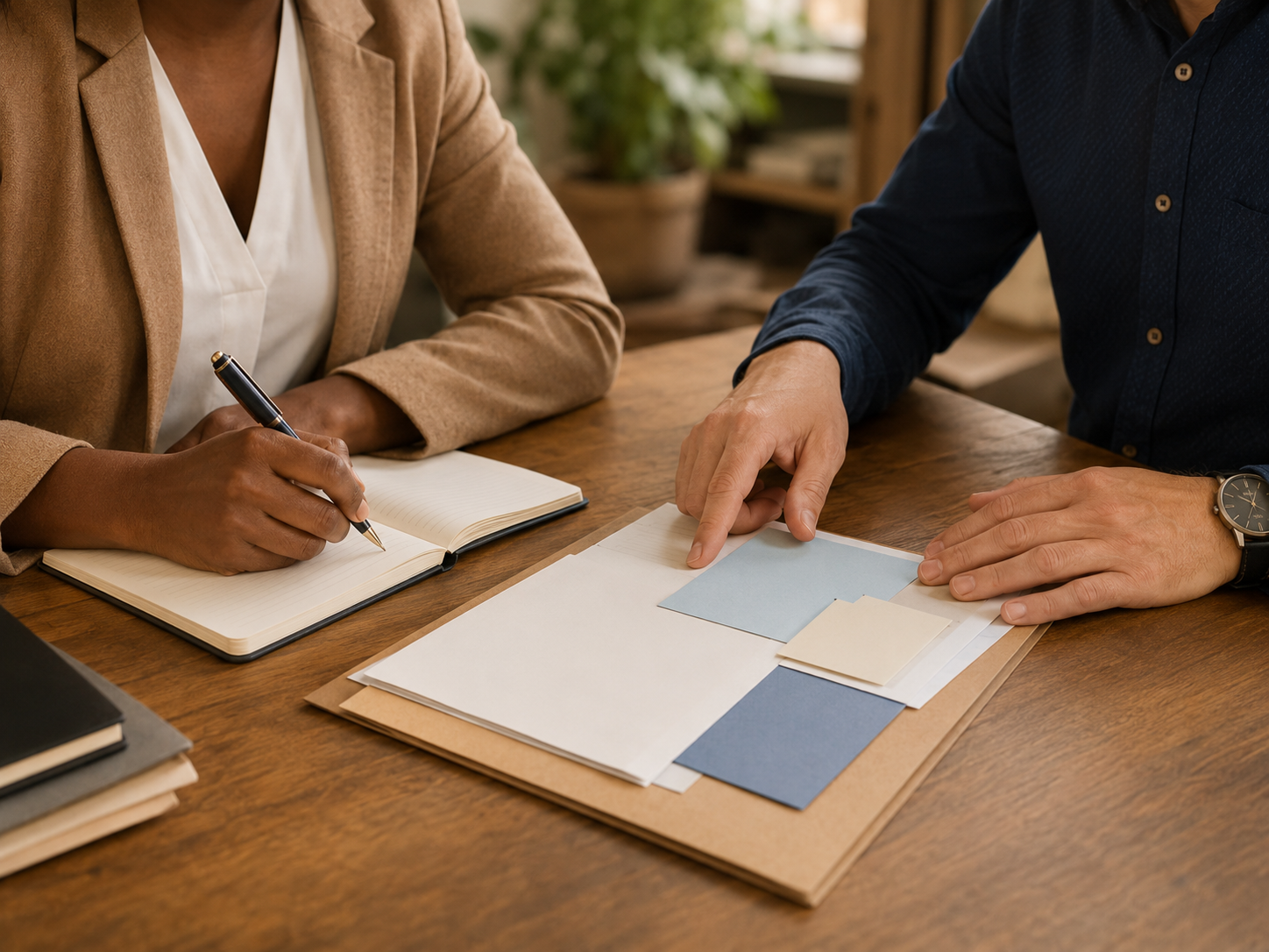 Professionals organizing resource notes together